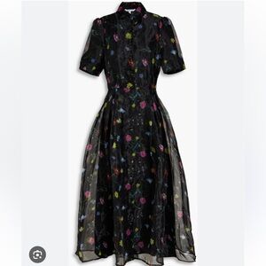 OLIVIA RUBIN Black Organza Floral Midi Dress with Multicolor Blooms